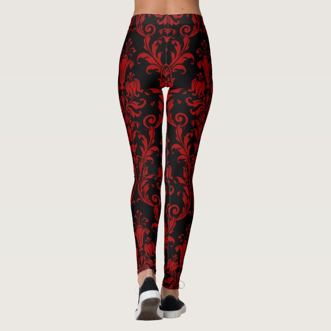 Red On Black Floral Swirls Damask Leggings (Back)