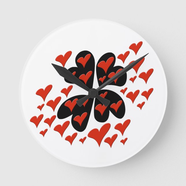 Red on Black Hearts Round Clock (Front)