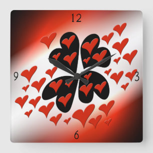 Red on Black Hearts Square Wall Clock