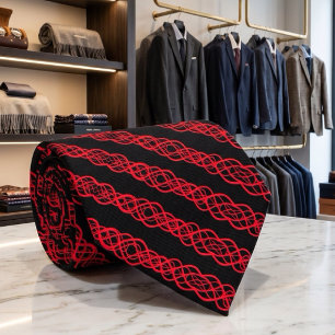 Red On Black Twisted Curvy Line Drawing Pattern Neck Tie