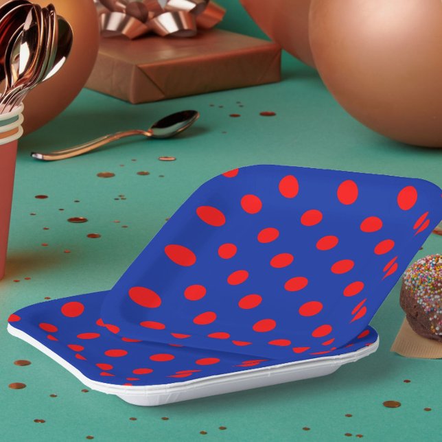Red On Blue Polka Dots Pattern Design  Paper Plates (Creator Uploaded)