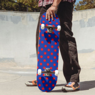 Red On Blue Polka Dots Pattern Design Skateboard