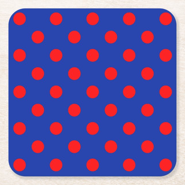 Red On Blue Polka Dots Pattern Design  Square Paper Coaster (Front)