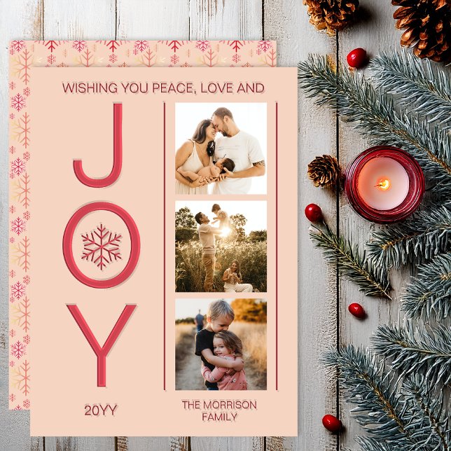 Red on Blush Pink Snowflakes Christmas Holiday Letterpress Photo Cards (Festive Peace, Love and Joy 3 Photo Snowflakes Modern Design Letterpress Photo Card - Red on Pink)