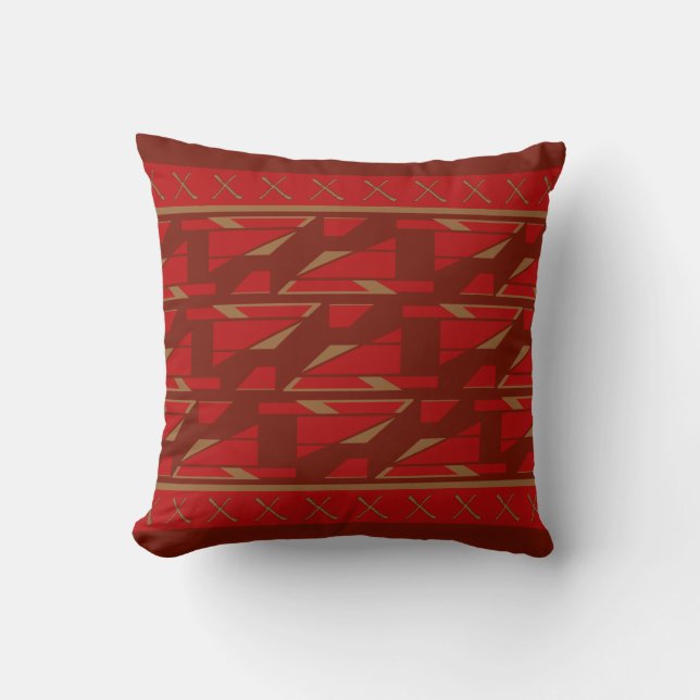 Red on Burgundy Bordered Mediterranean Look Motif Throw Pillow (Front)
