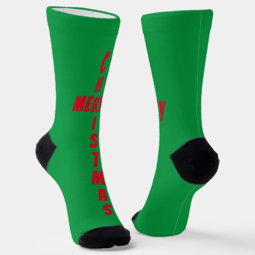 Red On Green Merry Christmas Socks