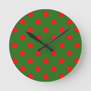 Red On Green Polka Dots Pattern Design Round Clock