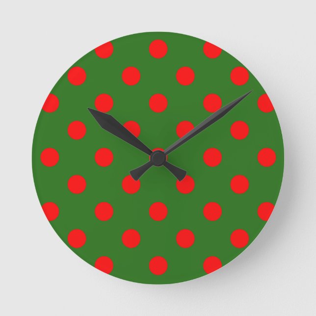 Red On Green Polka Dots Pattern Design  Round Clock (Front)