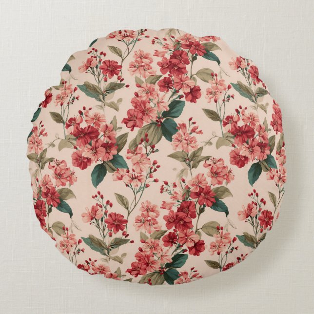 Red on Pink Hibiscus Floral  Round Pillow (Front)
