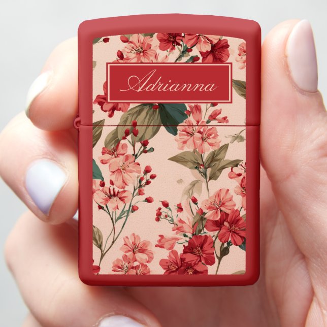 Red on Pink Hibiscus Floral Zippo Lighter (In Hand)