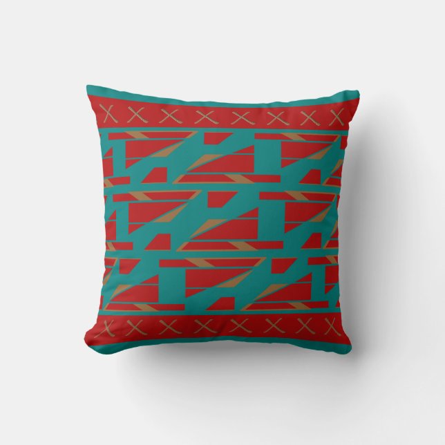Red on Turquoise Bordered Mediterranean Panels Throw Pillow (Front)