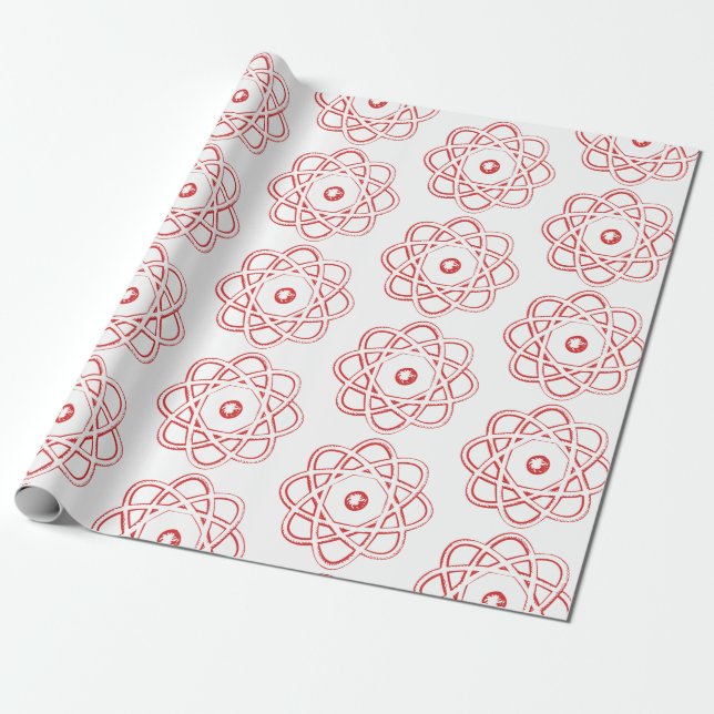 Red on White Atom Symbols Wrapping Paper (Unrolled)
