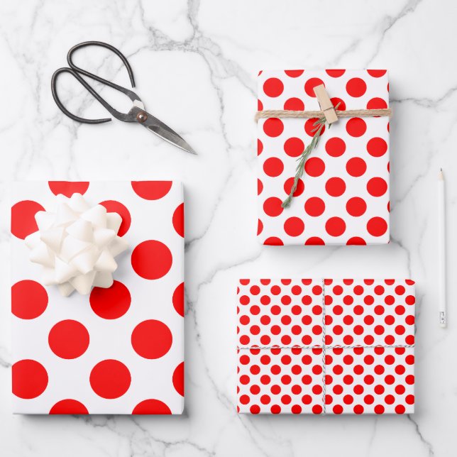 Red on White Different Sizes Polka Dots Wrapping Paper Sheets (Front)