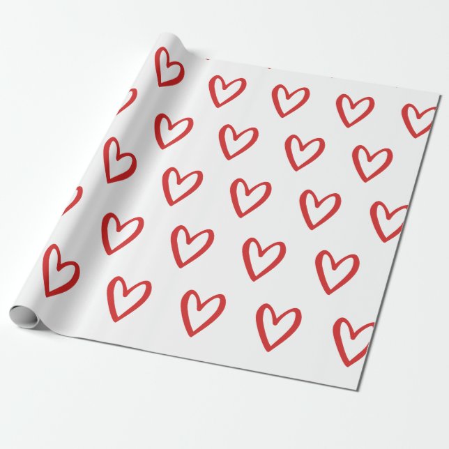 Red on White Handdrawn Hearts Wrapping Paper (Unrolled)