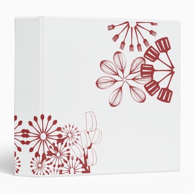 Red on White Kitchen Garden Utensil Flowers Binder (Front/Spine)