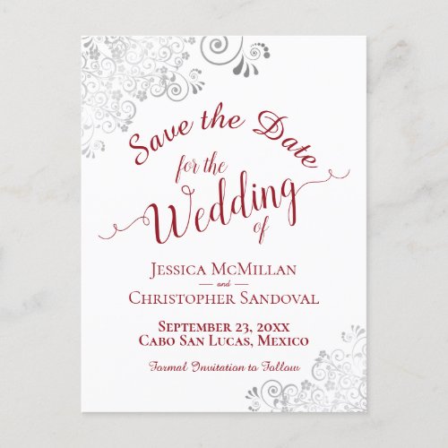 Red on White Lacy Silver Wedding Save the Date Announcement Postcard