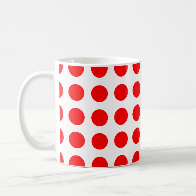 Red on White Large Size Horizontal Polka Dots  Coffee Mug (Left)