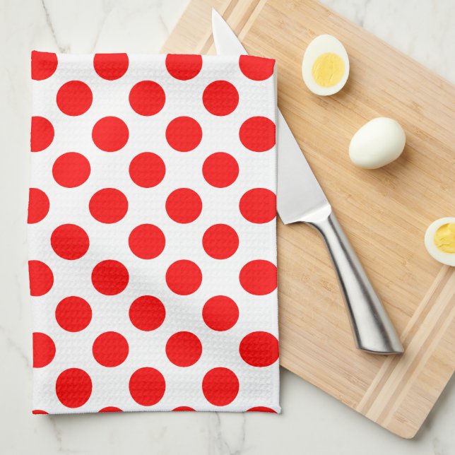 Red on White Large Size Polka Dots Kitchen Towel (Quarter Fold)