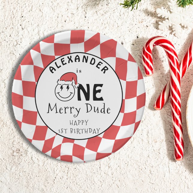 Red One Happy Dude Christmas 1st Birthday Decor Paper Plates (Creator Uploaded)