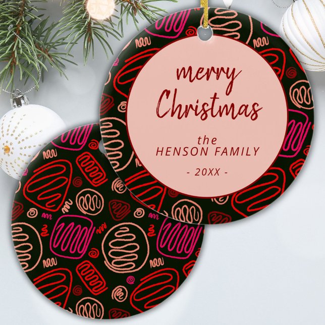 Red One Line Art Artistic Merry Christmas Family Ceramic Ornament (Creator Uploaded)