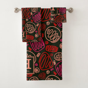 Red One Line Artistic Drawing Pattern Monogram Bath Towel Set