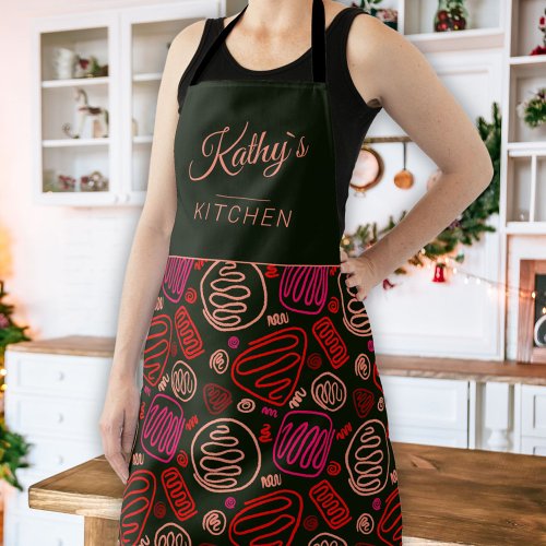 Red One Line Artistic Drawing Pattern Name Apron