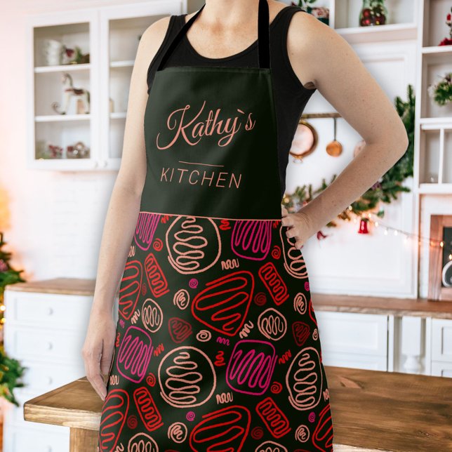 Red One Line Artistic Drawing Pattern Name Apron (Creator Uploaded)