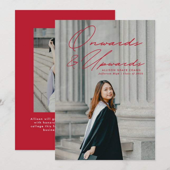 Red Onwards and Upwards 2 Photo Graduation Announcement (Front/Back)