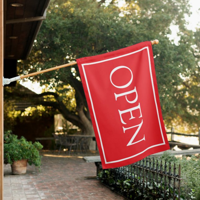 Red Open Sign Modern Minimal Small Business Flag (In SItu)