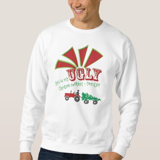 Red or Green Tractor Ugly Christmas Sweatshirt (Front)