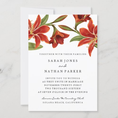 Red  Orange Amaryllis Flower Wedding Invitation