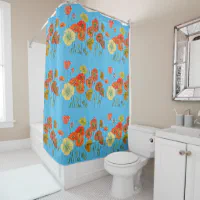 Red, Orange and Blue Poppy floral Shower Curtain