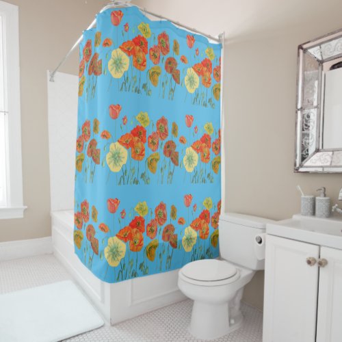 Red Orange and Blue Poppy floral Shower Curtain