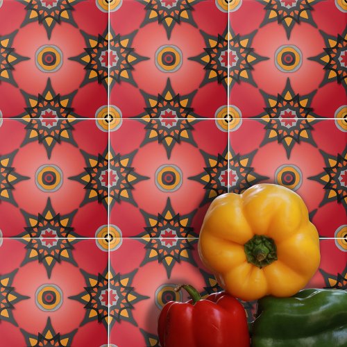 Red Orange And Gray Boho Geometric Pattern Ceramic Tile