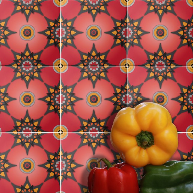 Red Orange And Gray Boho Geometric Pattern Ceramic Tile (Creator Uploaded)