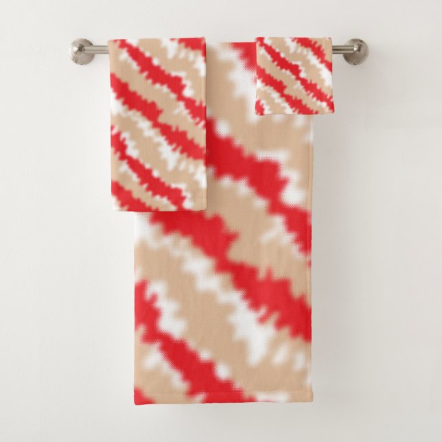 Red, orange, and pink textured patterns and motifs bath towel set (Insitu)