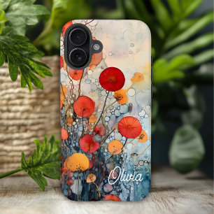 Red Orange and Teal Abstract Floral Name iPhone 16 Plus Case