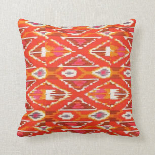 Red Orange and White Ikat Print Pillow