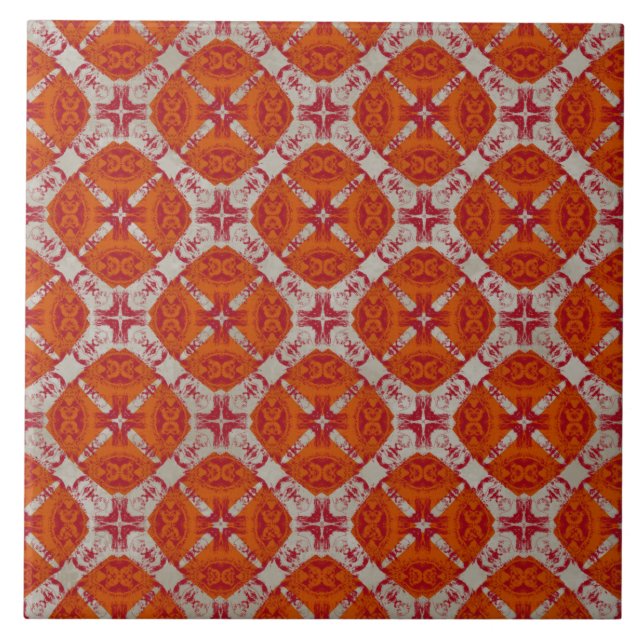Red, Orange, and White Mid Century Modern Pattern Ceramic Tile (Front)