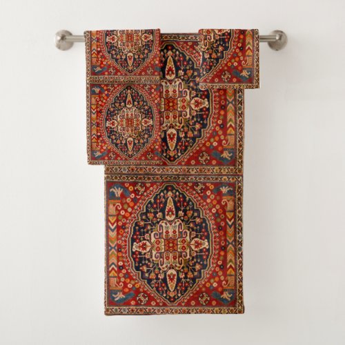 Red Orange Antique Vintage Oriental Rug Bath Towel Set