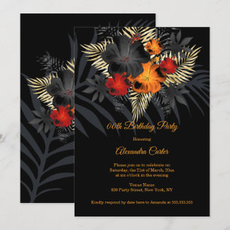 Red Orange Black Hibiscus Flowers Birthday Invitation
