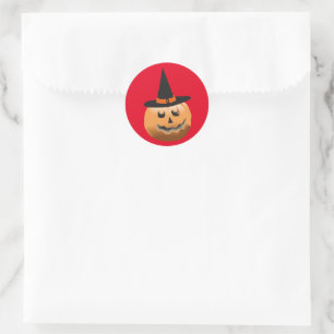 red orange black, pumpkin witch halloween classic round sticker