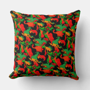 Red orange, black twisted shapes, green backgrownd throw pillow
