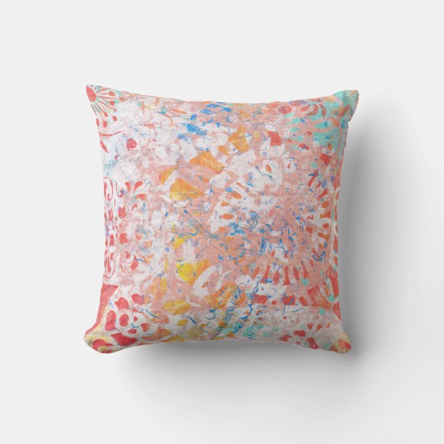 Red Orange Blue Abstract Floral Handmade Design Throw Pillow (Front)
