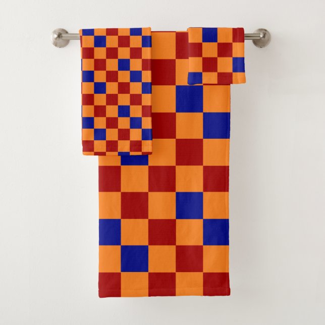 Red Orange Blue Checkered Pattern Design  Bath Towel Set (Insitu)