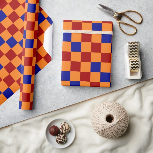 Red Orange Blue Checkered Pattern Design  Wrapping Paper (Crafts)