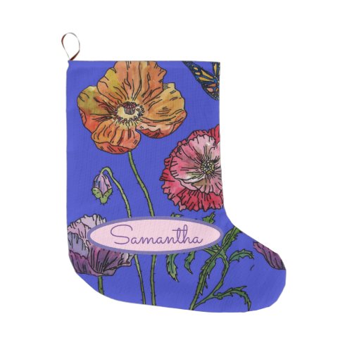 Red Orange Blue Poppy Poppies Floral Art Large Christmas Stocking