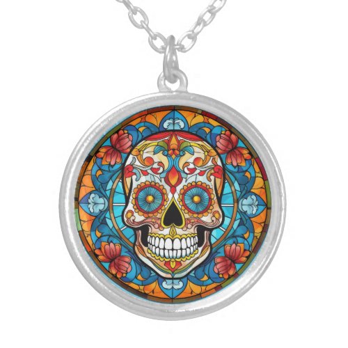 Red Orange Blue Sugar Skull Stained Glass Silver Plated Necklace