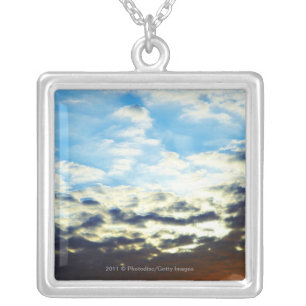 Red Orange Blue Sunset with Clouds Silver Plated Necklace