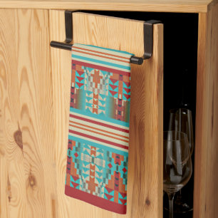 Red Orange Brown Aqua Turquoise Blue Tribal Art Kitchen Towel